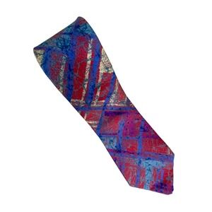 Damon Men Tie Red Blue Purple Abstract Geometric Silk Artsy Plaid USA 57x3‎
